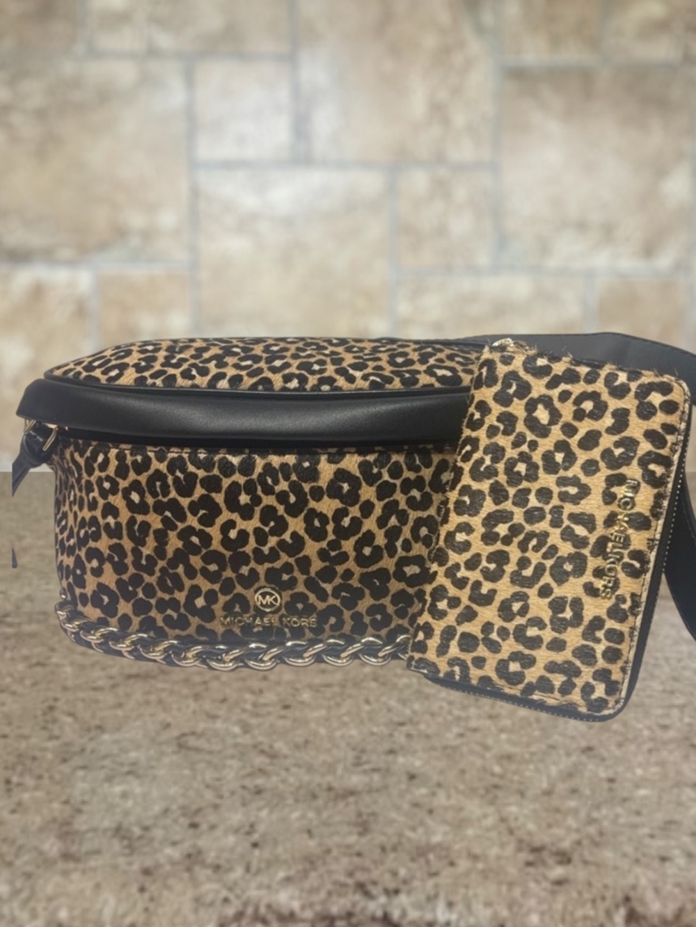 Michael Kors Slater Sling Pack Leopard Print Bag & Wallet Set Calf Hair